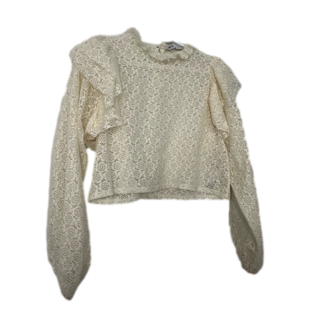 Zara lace long sleeve button keyhole back ruffle cropped blouse size small ivory
